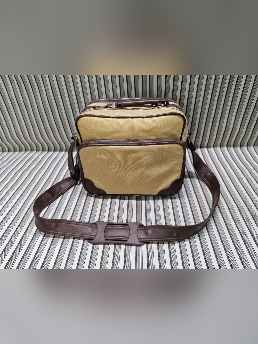 Vintage Camera Bag Canvas & Brown Leather Crossbody Multi Pocket